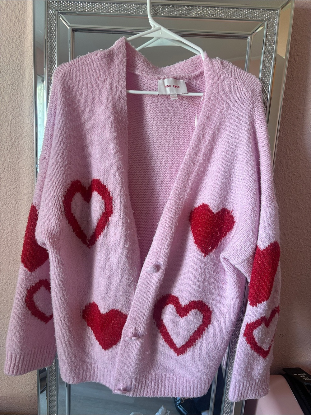 Pink Rose Pink Cardigan with Red Heart Pattern
